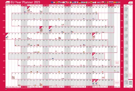 Sasco 2023 EU Year Wall Planner with wet wipe pen & sticker pack, Red, Poster Style, 915mmW x 610mmH
