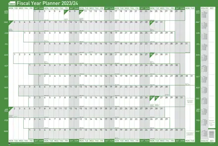 Sasco 2023 Fiscal Year Wall Planner with wet wipe pen & sticker pack, Green, Board Mounted, 915mmW x 610mmH
