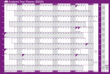 Sasco 2023/24 Academic Year Wall Planner with wet wipe pen & sticker pack, Purple, Board Mounted, 915mmW x 610mmH. Pack 10
