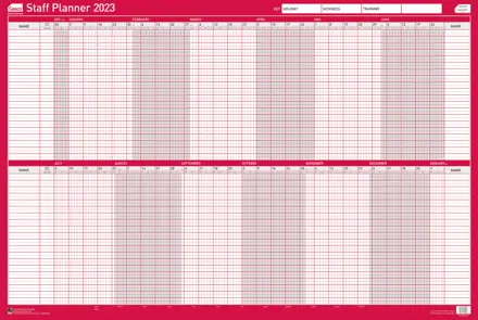 Sasco 2023 Staff Year Wall Planner with wet wipe pen & sticker pack, Red, Board Mounted, 915mmW x 610mmH. Pack 10