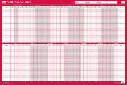 Sasco 2023 Staff Year Wall Planner with wet wipe pen & sticker pack, Red, Poster Style, 915mmW x 610mmH. Pack 10