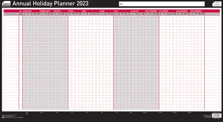 Sasco 2023 Annual Holiday Year Wall Planner with wet wipe pen & sticker pack, Black & Red, Poster Style, 750mmW x 410Hmm. Pack 10