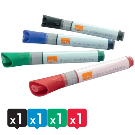 Nobo whiteboardpenne med flydende blæk til glas-whiteboardtavler, med kuglespids 4 stk