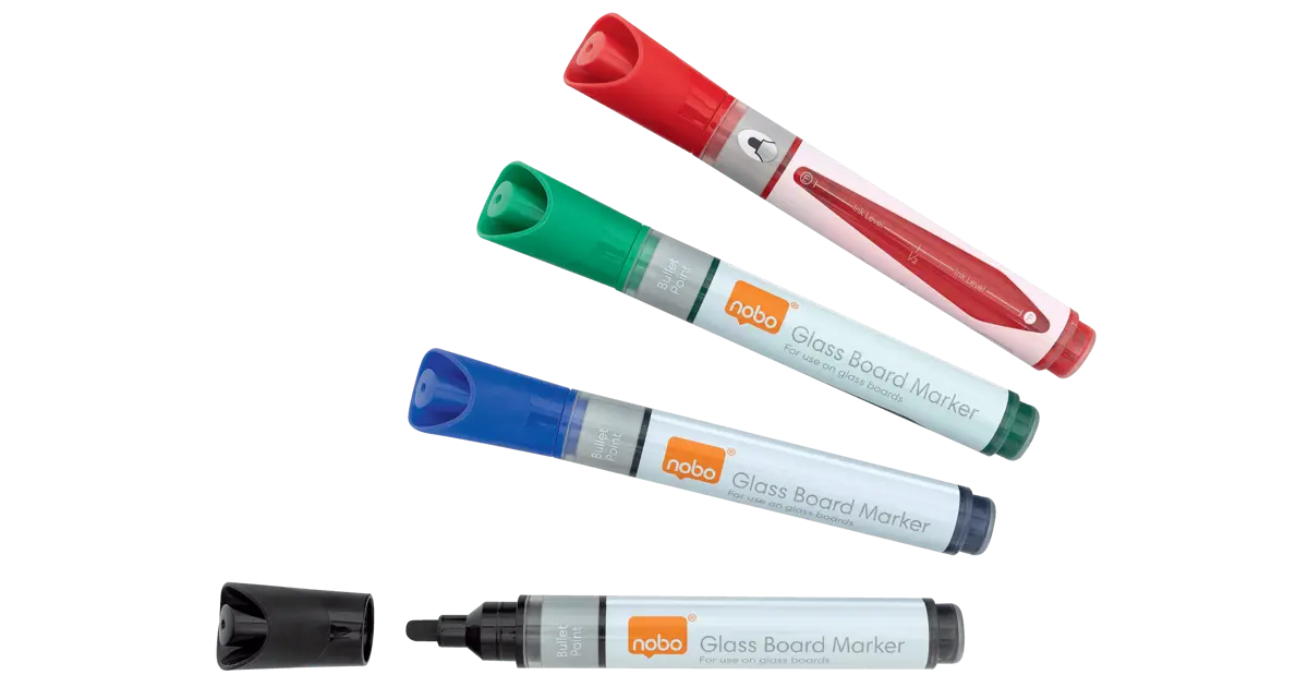 Nobo Liquid Ink Glass Whiteboard Pens Bullet Tip 4 Pack NOBO