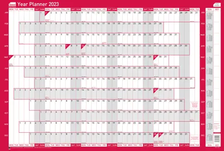 Sasco 2023 Original Year Wall Planner with wet wipe pen & sticker pack, Red, Board Mounted, 915mmW x 610mmH. Pack 10