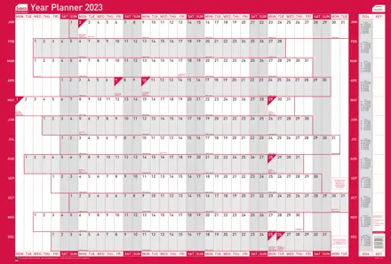Sasco 2023 Original Year Wall Planner with wet wipe pen & sticker pack, Red, Poster Style, 915mmW x 610mmH. Pack 10