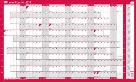 Sasco 2023 Oversized Year Wall Planner with wet wipe pen & sticker pack, Red, Poster Style, 1100mmW x 610mmH. Pack 10