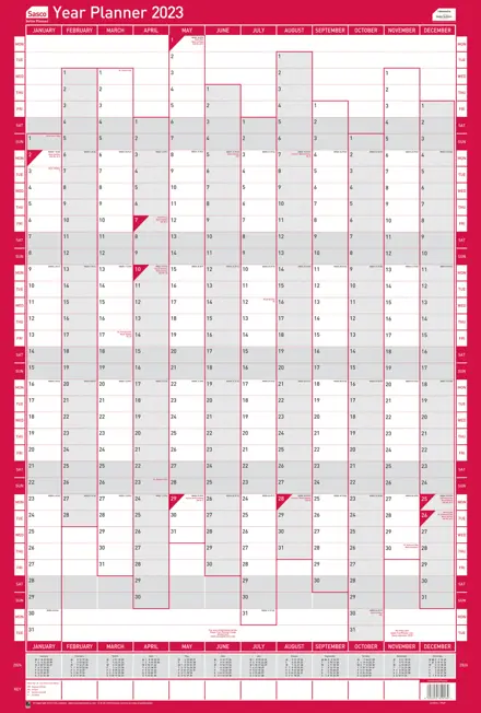 Sasco 2023 Portrait Year Wall Planner with wet wipe pen & sticker pack, Red, Poster Style, 61mm0W x 915Hmm