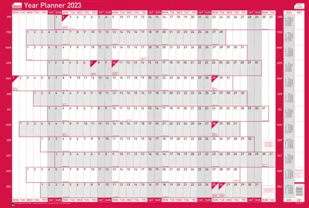 Sasco 2023 Compact Year Wall Planner Landscape with wet wipe pen & sticker pack, Red, Poster Style, 610mmW x 405mmH