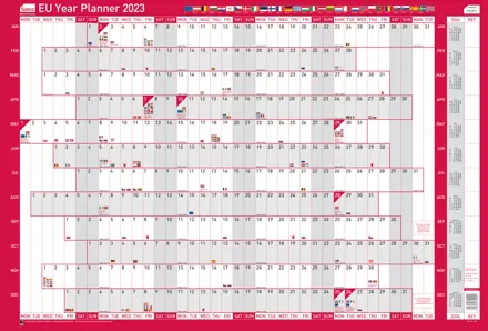 Sasco 2023 EU Year Wall Planner with wet wipe pen & sticker pack, Red, Board Mounted, 915mmW x 610mmH