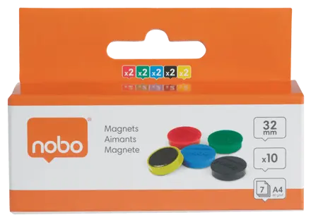 Aimants Nobo pour tableaux blancs magnétiques, pack de 10 aimants colorés 32 mm