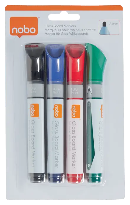 Nobo Liquid Ink Glass Whiteboard Pens Bullet Tip 4 Pack