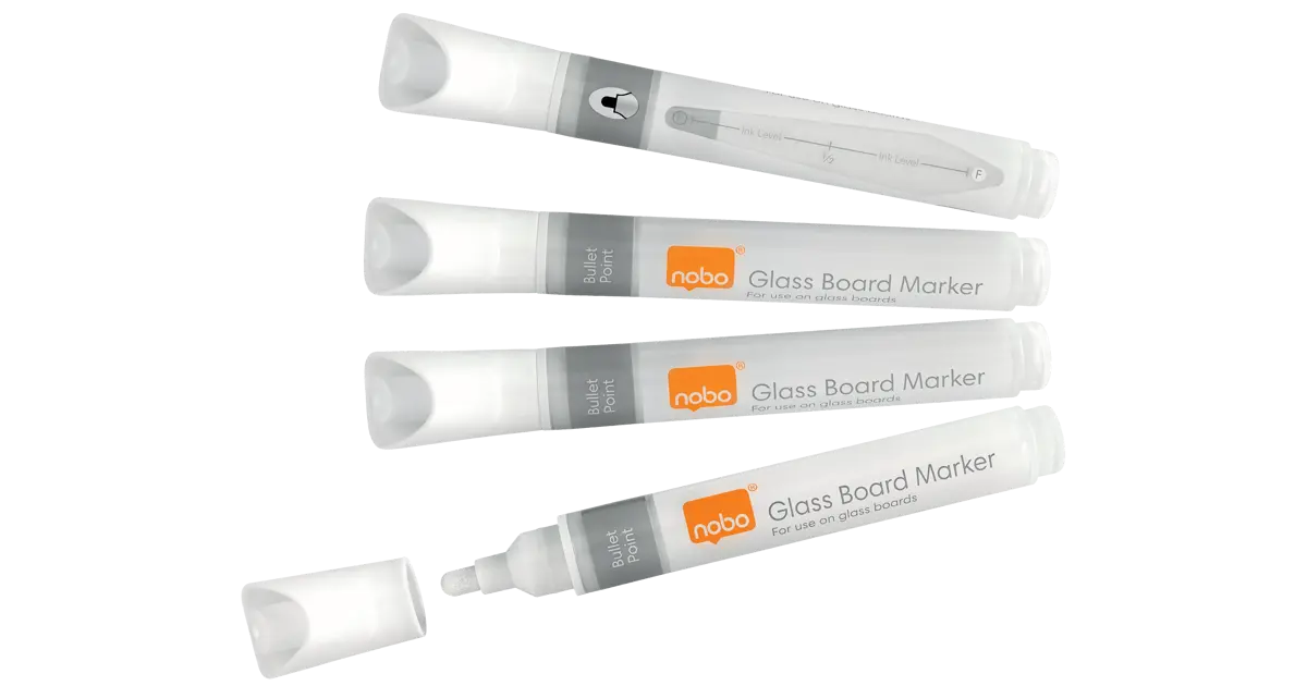 Nobo Liquid Ink Glass Whiteboard Pens Bullet Tip 4 Pack NOBO