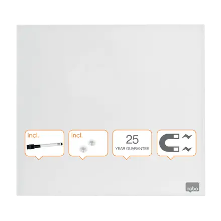 Tableau blanc mémo Nobo en verre, 450 x 450 mm (Conditionnement retail)