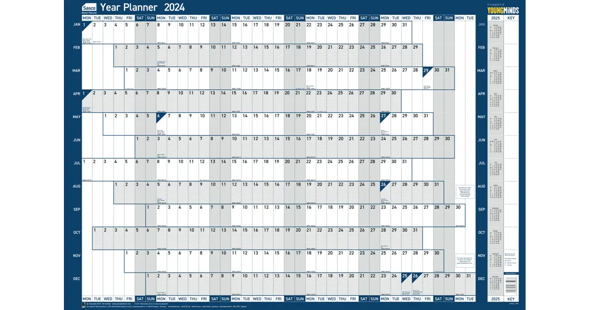Sasco 2024 Original Year Wall Planner with wet wipe pen & sticker pack