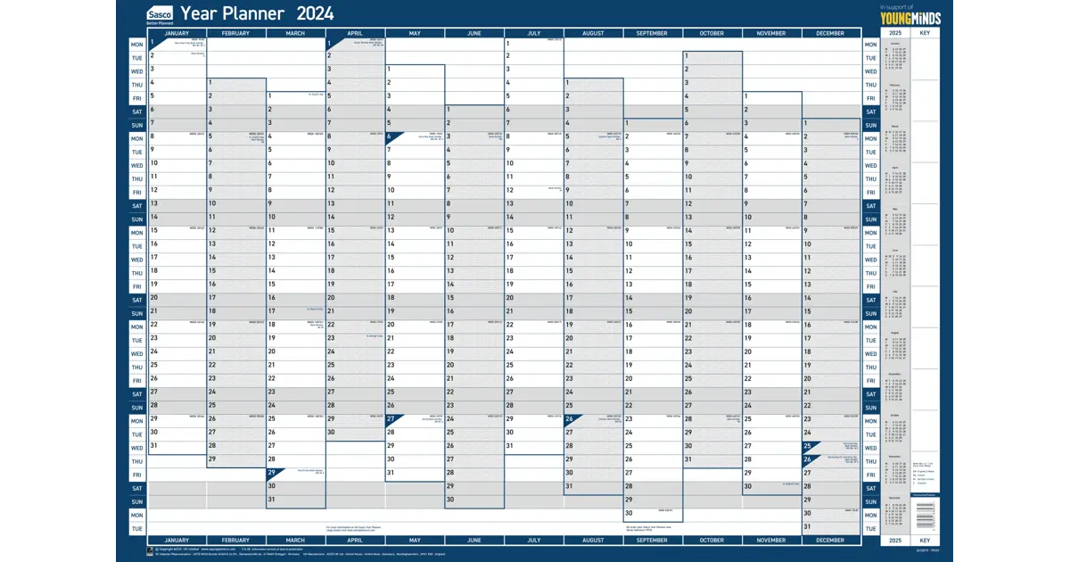 Sasco 2024 Vertical Year Wall Planner with wet wipe pen & sticker pack