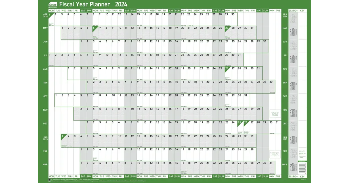 Sasco 2024 fiscal year wall planner with wet wipe pen sticker pack