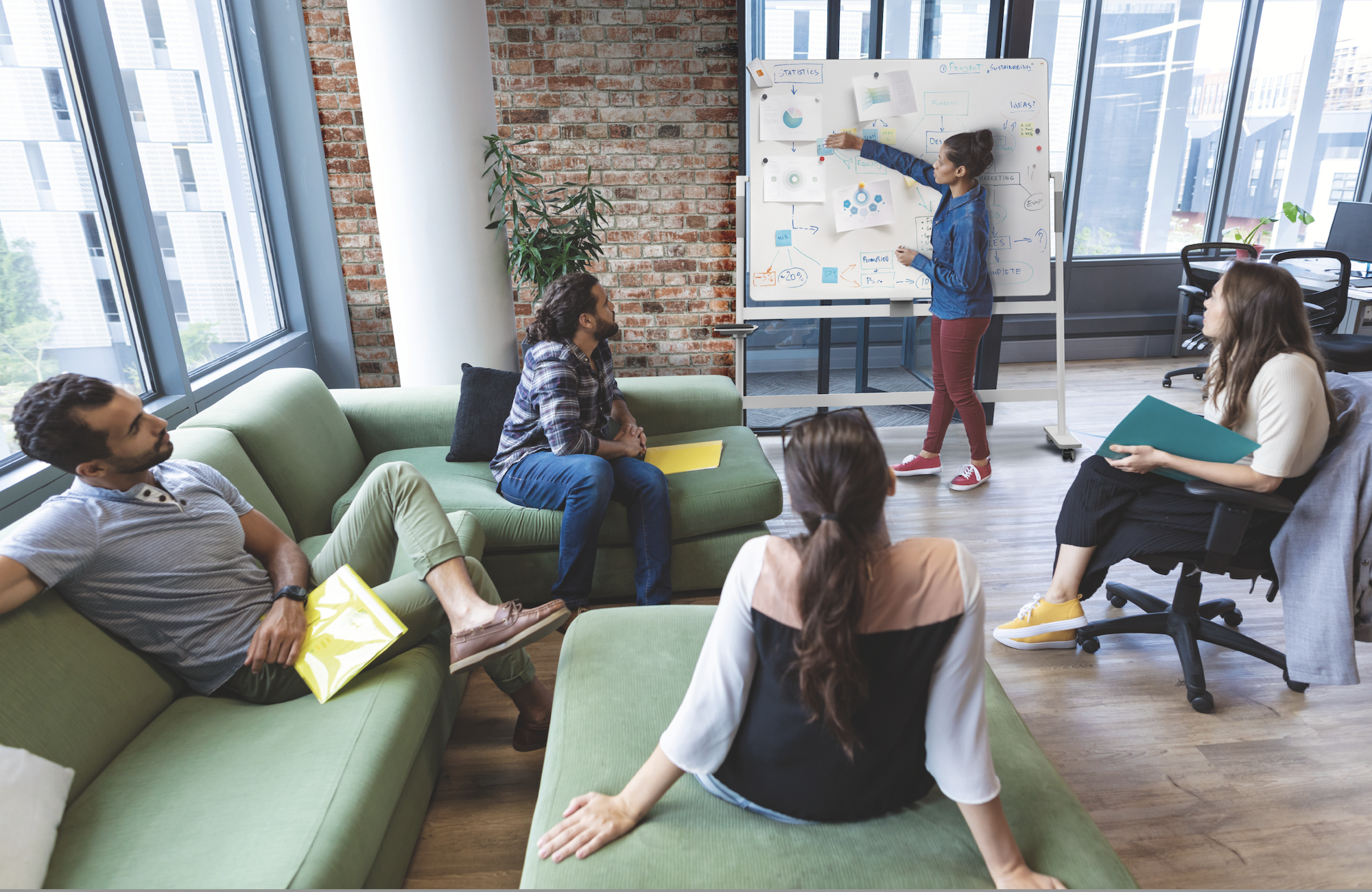 Team scrum meeting around a whiteboard